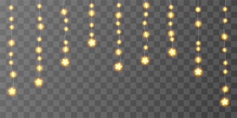 Light bulbs curtain, star festoon header. Fairy garland hanging strings. Ramadan Kareem lantern, chirstmas sky vector bg. 3d wire wedding ornament, warm bokeh frame. Lightbulb bright luxury glow