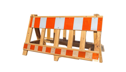 Wooden construction barricade with orange and white reflective stripes