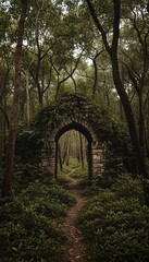 Stone archway in a mysterious, ancient forest covered in lush green foliage, inviting exploration into the unknown depths of nature's embrace.