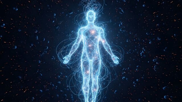 Ethereal glowing human figure in deep space. Soul and consciousness concept. Luminous celestial entity floating amidst stars and cosmic debris in the universe