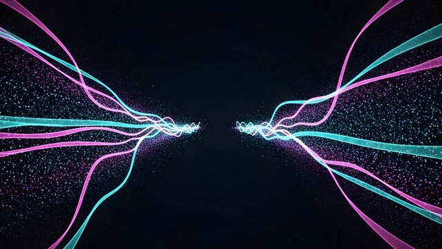 Abstract neon waves and glowing particles on dark background. Connectivity and data flow concept. Vibrant pink and blue light trails intersecting in digital space - Powered by Adobe
