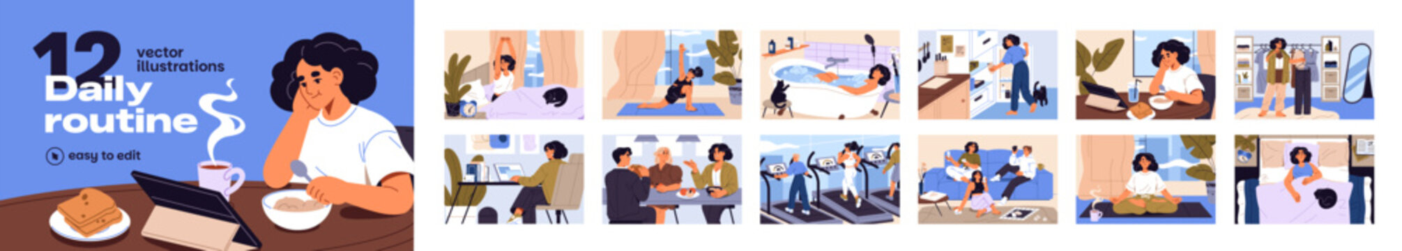 Women's daily routine set. Efficiency, everyday life and businesses of girl: work, yoga, cooking and eating, meetings, fitness, bathing, rest and sleep. Female day schedule. Flat vector illustrations