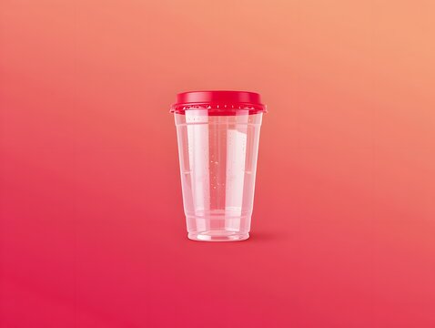 Clear Plastic Disposable Cup with Dome Lid on Vibrant Red Orange Gradient Background