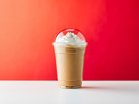 Refreshing Iced Coffee with Whipped Cream in Plastic To-Go Cup on White Table, Vibrant Red Background for Summer Drink or Cafe Concept