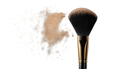 Makeup brush with powder particles isolated on transparent background, gold handle, black bristles, beige powder puff, beauty tool for applying cosmetic products