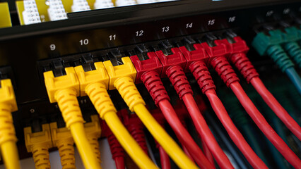 Network cables connected to a switch or router. Internet infrastructure and data communication concept.