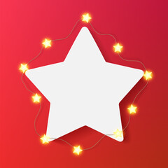 Star picture frame on red bg, decorated with light glowing garland. White empty vector Christmas card mock up, festive greeting border, winter party invitation. Bright decorative gallery advertise