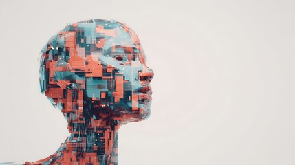 A stylized, digital representation of a human head, featuring intricate patterns and a vibrant color palette, blending technology with human form.