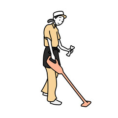 清掃員が掃除機を使って床を掃除する様子を描いたイラスト｜施設管理や日常清掃の仕事を親しみやすく表現したシンプルなキャラクター