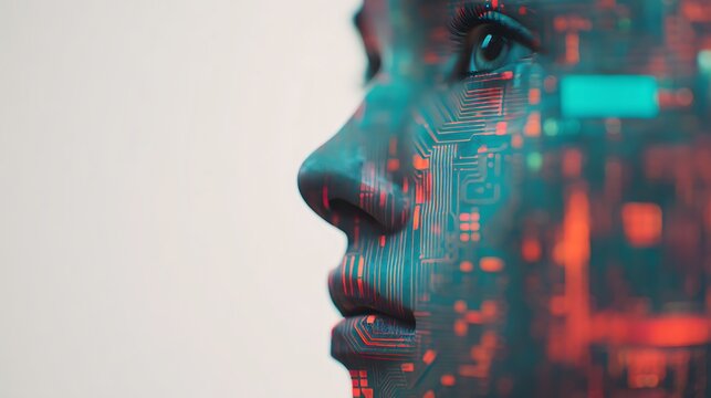 A futuristic portrayal blending human features with digital circuitry, symbolizing the intersection of technology and humanity. - Powered by Adobe