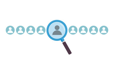 We're hiring. hiring concept. magnifying glass selecting a candidate from a group of people icons. employee selection, HR recruitment. Flat illustrator vector file. high quality picture