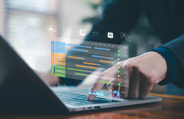 businessman using a laptop with an AI data analytics dashboard, digital project management timeline. Concept of business project planning, scheduling time, Gantt charts on control software