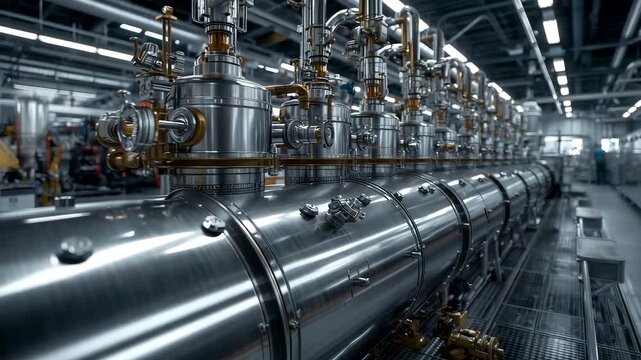 Industrial Stainless Steel Pipeline Valves Fittings Machinery Assembly Factory Interior Metal Tubes