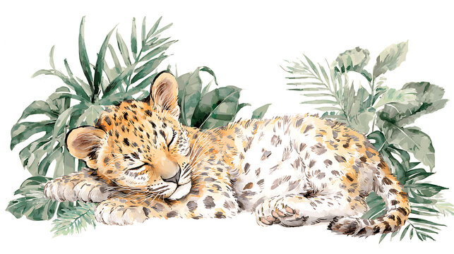Sleeping leopard cub surrounded by lush green tropical leaves isolated on a transparent background