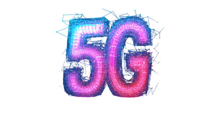 Glowing 5g digital portal style isolated on pure white background with vibrant pink and blue neon lighting effects and futuristic wireframe design elements