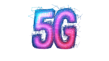 Glowing 5g digital portal style isolated on pure white background with vibrant pink and blue neon lighting effects and futuristic wireframe design elements