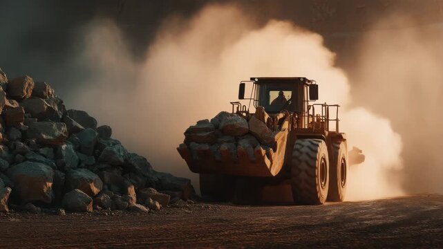 Bulldozer moving rocks in dusty quarry
