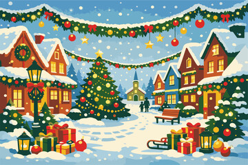 Fototapeta premium Festive Christmas Village Scene with Decorated Tree and Gifts in Snow