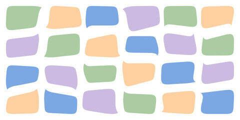 Speech text chat balloon. Talk cloud dialog box. Comic speak bubble, horizontal thought message shape. Think icon, quote word frame. Chat paper sticker tag, doodle conversation question sign.