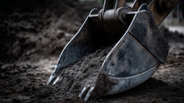 Close up of heavy excavator bucket scoop digging dark soil at construction site, industrial machinery and earthmoving works concept