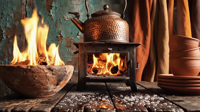 Warm glow in a rustic interior: Copper kettle boiling on a stove with open flame.