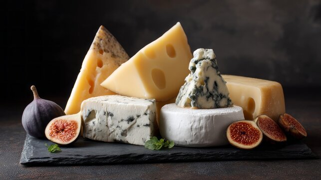 An inviting spread of assorted cheeses rests on a rustic slate board - Powered by Adobe