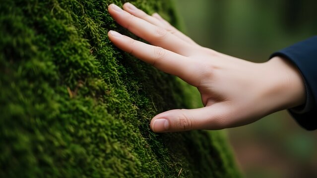 Person touching soft green moss on a tree trunk. Mindfulness and forest bathing concept. Close up of a hand feeling natural texture in the woods