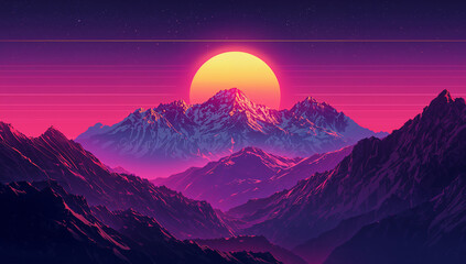 Striking synthwave mountains landscape with a glowing sun against a vibrant magenta and purple starry sky