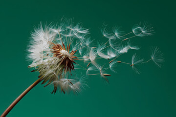 Fototapeta premium Dandelion seeds dispersing in the wind against a green background