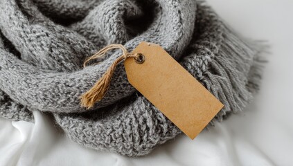 Knitted gray scarf with a blank tag on white fabric backdrop