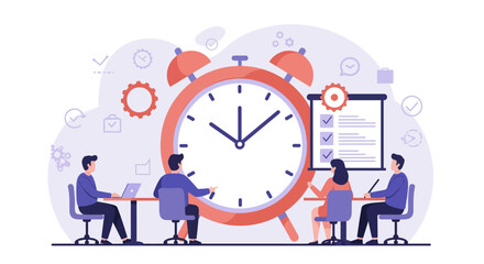 Business Team Working Around Large Clock.