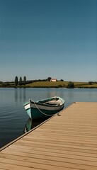 Naklejka premium Old wooden rowboat tied to a rustic dock rests peacefully on the calm lake water, reflecting the serene natural landscape under a clear blue summer sky.
