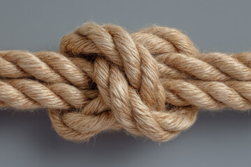 Close-up of a secure knot in a sturdy rope on a gray background