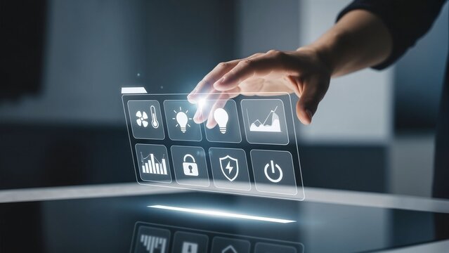 Hand touching holographic interface with digital icons and graphs   - Powered by Adobe