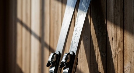 Obraz premium Wooden wall with black ski equipment leaning in sunlight 
