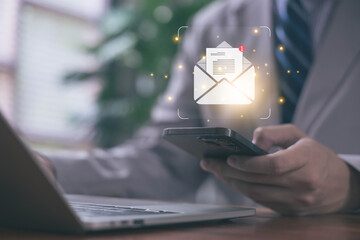 Email notification icon, newsletter. Business communication concept, mail send message, digital contact, online correspondence, information exchange, media, and marketing