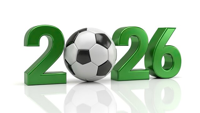 A striking visual representation of a soccer ball positioned alongside the year 2026 in green