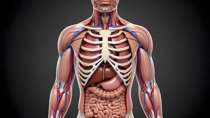Ultra detailed hyperrealistic medical anatomy illustration of a male human torso from neck to lower abdomen, front view, skin removed revealing internal anatomy, showing muscles, rib cage, heart, lung