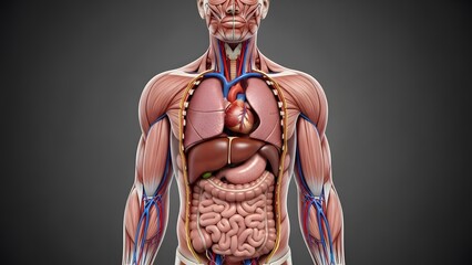 Highly realistic medical cutaway illustration of male human torso anatomy, front view from neck to lower abdomen, skin removed to expose muscles, skeleton, and internal organs including heart, lungs, 