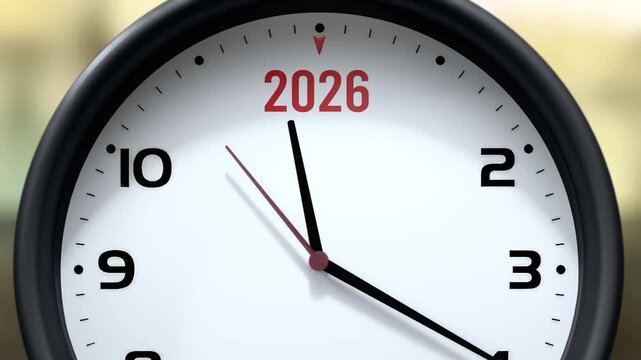2026 that is going to happen soon. Upcoming 2026, approaching in the near future. 2026 almost here, in a short time - a clock symbolizes a reminder that 2026 is near, will be here in a little while.