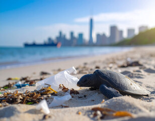 Sea turtle struggling on a polluted beach with plastic waste and ocean debris, environmental crisis concept  
Meeresschildkr&ouml;te am verschmutzten Strand mit Plastikm&uuml;ll