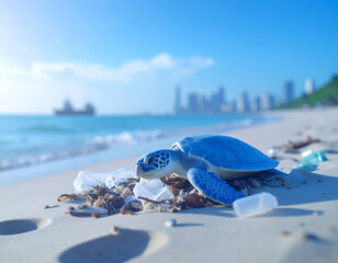 Sea turtle struggling on a polluted beach with plastic waste and ocean debris, environmental crisis concept  
Meeresschildkr&ouml;te am verschmutzten Strand mit Plastikm&uuml;ll