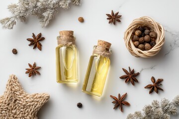Essential oil bottles flat lay winter aromatherapy concept