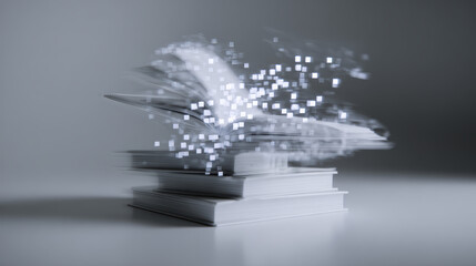 Fototapeta premium Abstract book stack digital pixel data transformation concept, flying square particle, education technology, grayscale minimal scene