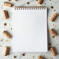 Blank Notepad with Gold Confetti and Cork Stoppers on Marble Surface