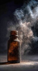 Amber bottle surrounded by hazy dust particles against dark background