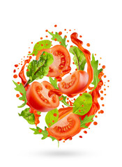 Red vegetable juice with tomatoes, greens in splashes float in mid-air as energetic swirl, isolated. Fresh vegetable background. Excellent for design healthy menu, vitamin food, juice label, poster.