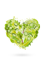 Fresh green vegetable smoothie fly with ingredients, heart shape in splashing of explosion green juice, isolated. Perfect for organic food advertising, detox menu, fitness, juice label, fitness diet.
