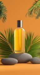 Golden liquid in glass bottle sits on smooth stones, tropical backdrop