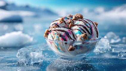 Ice cream sundae with toppings on a frozen, icy landscape